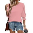 thumbnail image 2 of Womens Easter Tops, Summer Plus Size Round Neck Elastic Pleated 3/4 Length Sleeve Loose Fit Tunic Blouses Trendy Tops For Women 2025 Tops Tube Tops Corset Tops Camisole (XXL, Pink) ZMTing, 2 of 4