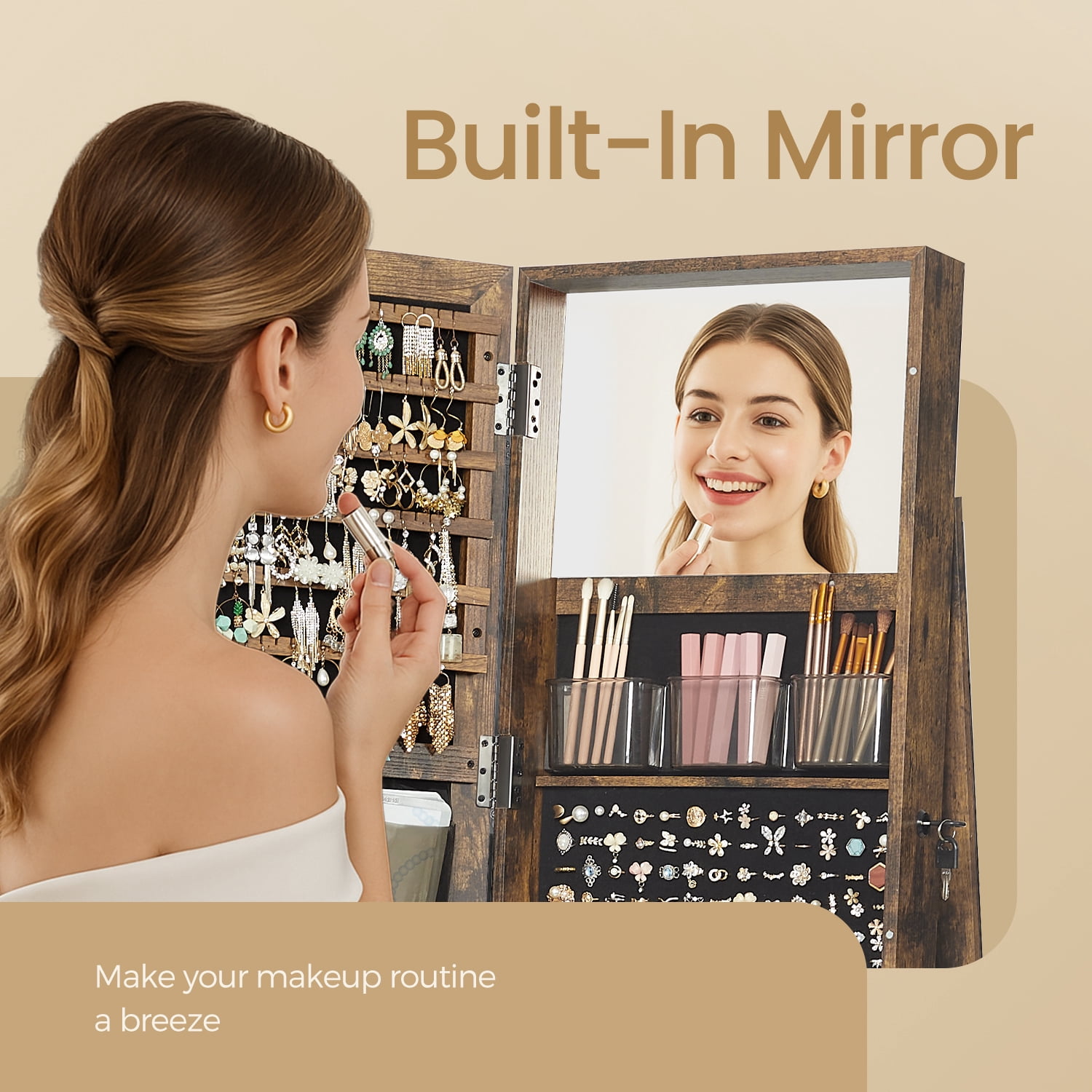 LEDREM 360° Rotable Jewelry Cabinet, Full Length Mirror & Lock, 120 Earring Slots, 12 Necklace Hooks, Storage Shelfs On Back