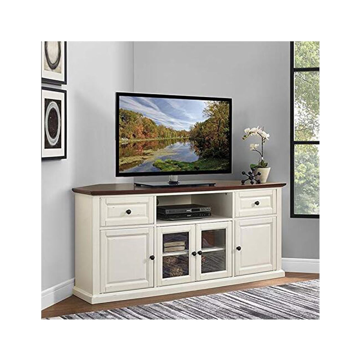 Corner TV Stand for TVs up to 65 Inch - White Finish Entertainment Center with Glass Doors & Shelves