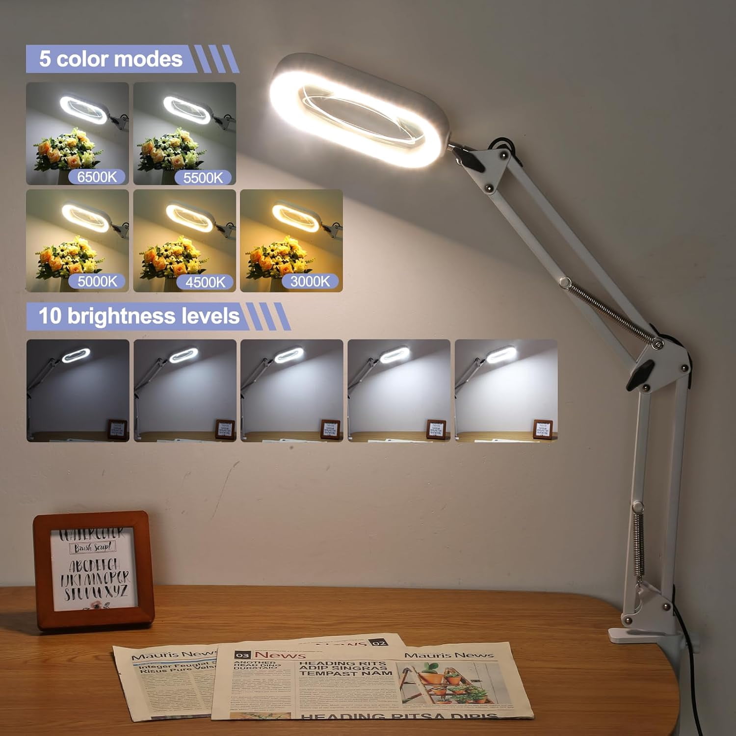Veemagni Magnifying Glass with Light, Square Real Glass LED Desk Lamp 5 Color Modes Stepless Dimmable Hands-Free Stand & Clamp for Hobby Close Work - White