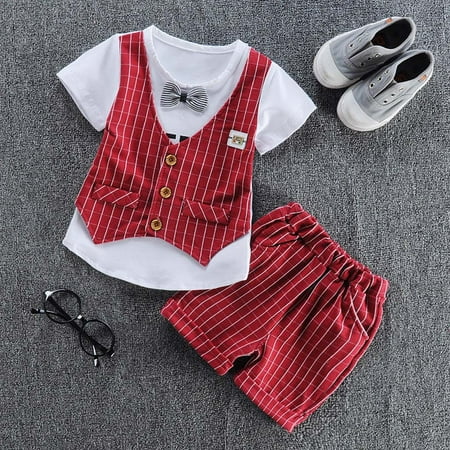 2019 Toddler Baby Kids Boys Bow Vest T shirt Tops Plaid Shorts Set Outfits