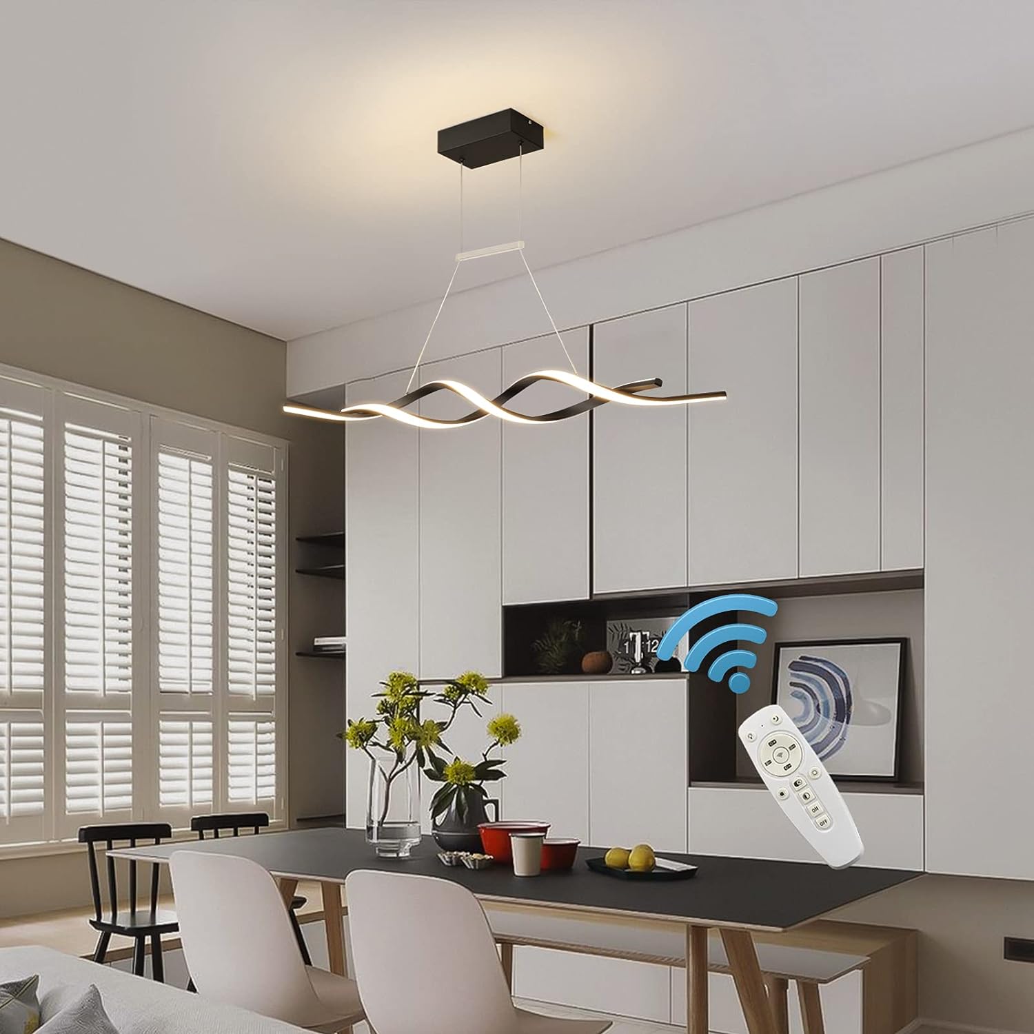 Garwarm Modern Chandelier Light, Dimmable LED Pendant Light with Remote Control, Acrylic Wave Chandeliers for Dining Rooms Bedroom Kitchen Restaurant, 3000K-6000K, 28W, Black