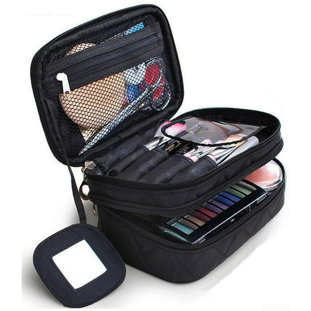 Double Layer Makeup Bag with Strap, Large Cosmetic Case for Women, Make ...
