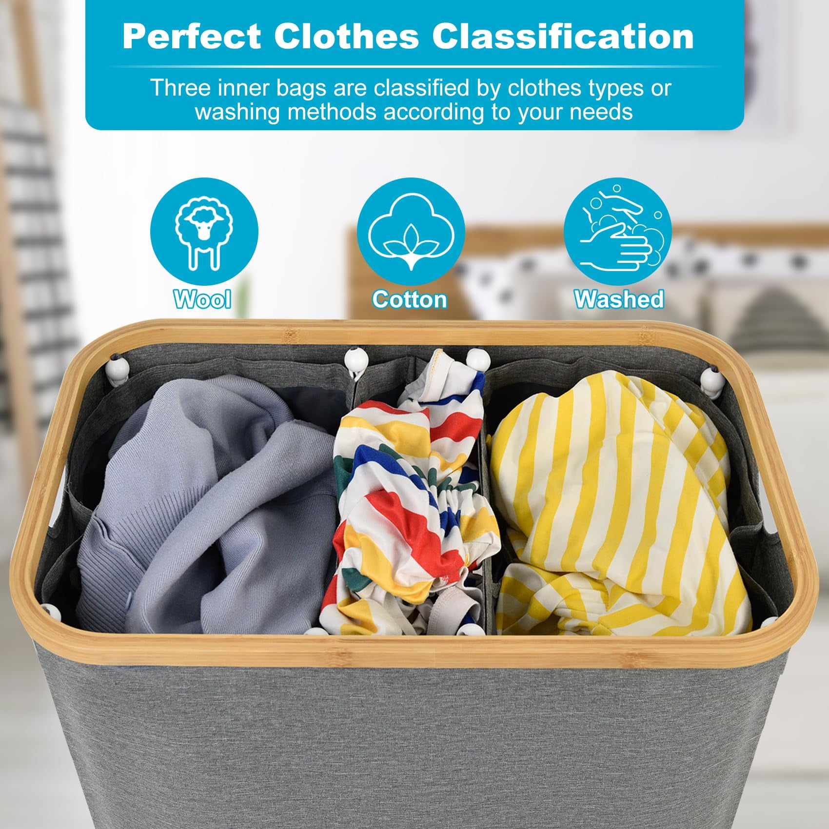 Sunnycome 160L Large Laundry Hamper with Lid Clothes Basket Handles for Bedroom Collapsible Removable Gray