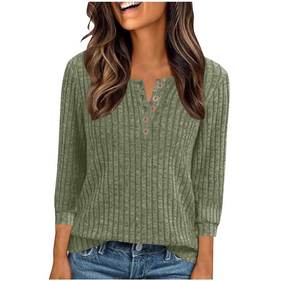 AINIYS Women's Henley Neck 3/4 Sleeve Ribbed Knit Tops Basic Layering Casual Daily Wear Pullover Blouse Army Green L