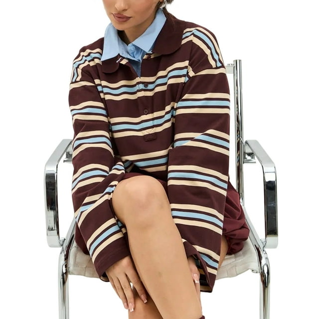 Oversized Striped Long Sleeve Rugby Shirts Women- V Neck Y2k Preppy Pullover Top Brown S