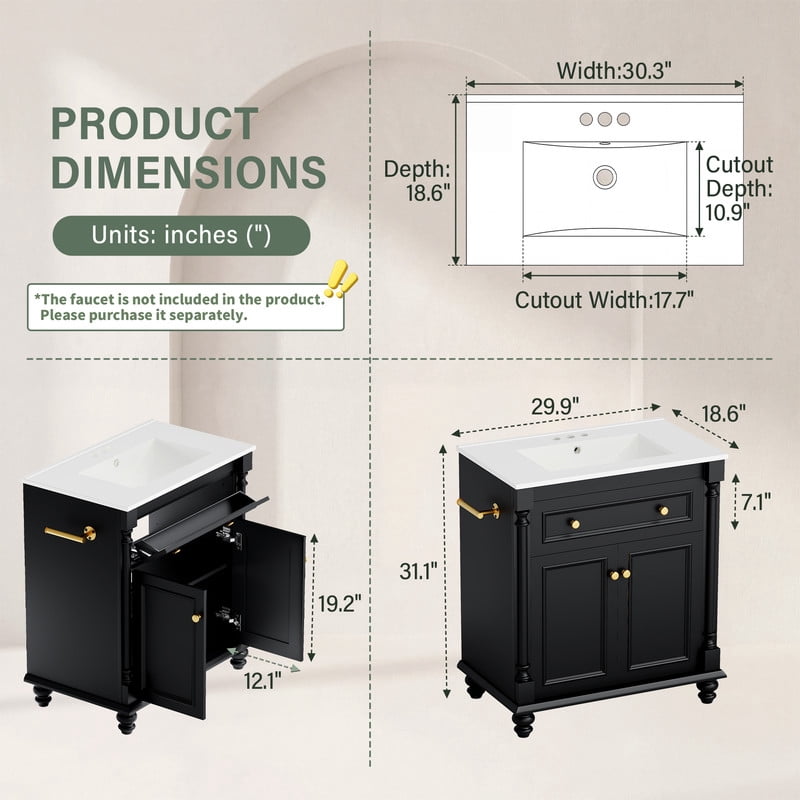Lacoo 30'' Freestanding Bathroom Vanity with Integrated Ceramic Sink, Traditional Bathroom Storage Cabinet with Flip Drawer, Double Doors & Side Towel Bar, Black