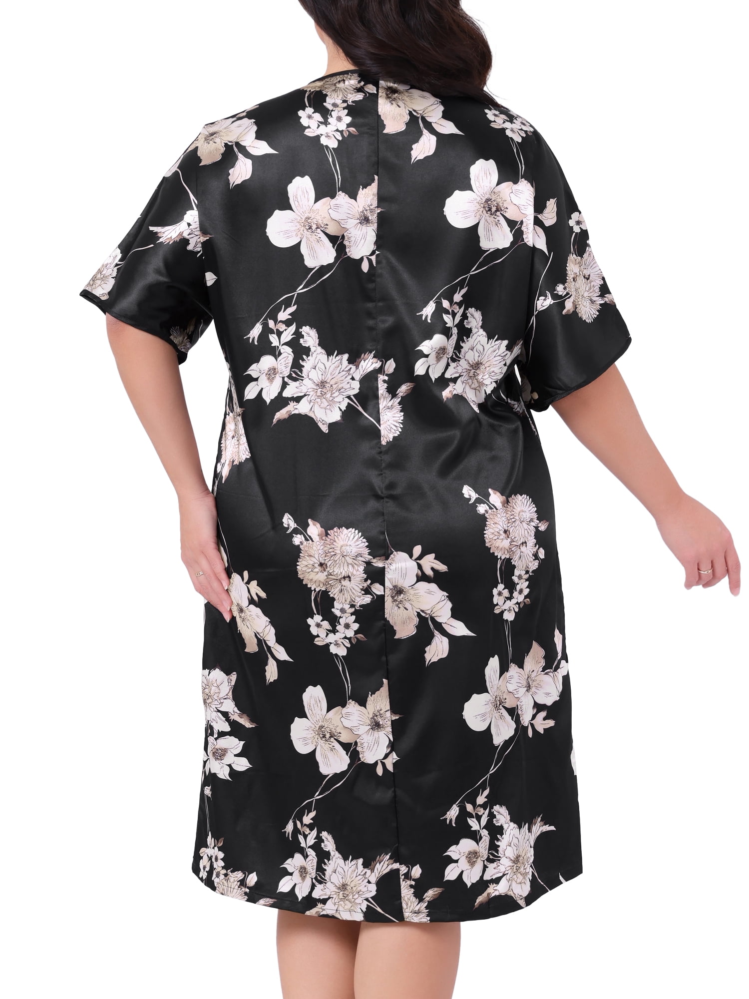 DARING DIVA Women's Plus Size Satin Floral Short Sleeve Round Neck Nightgown 4X Black