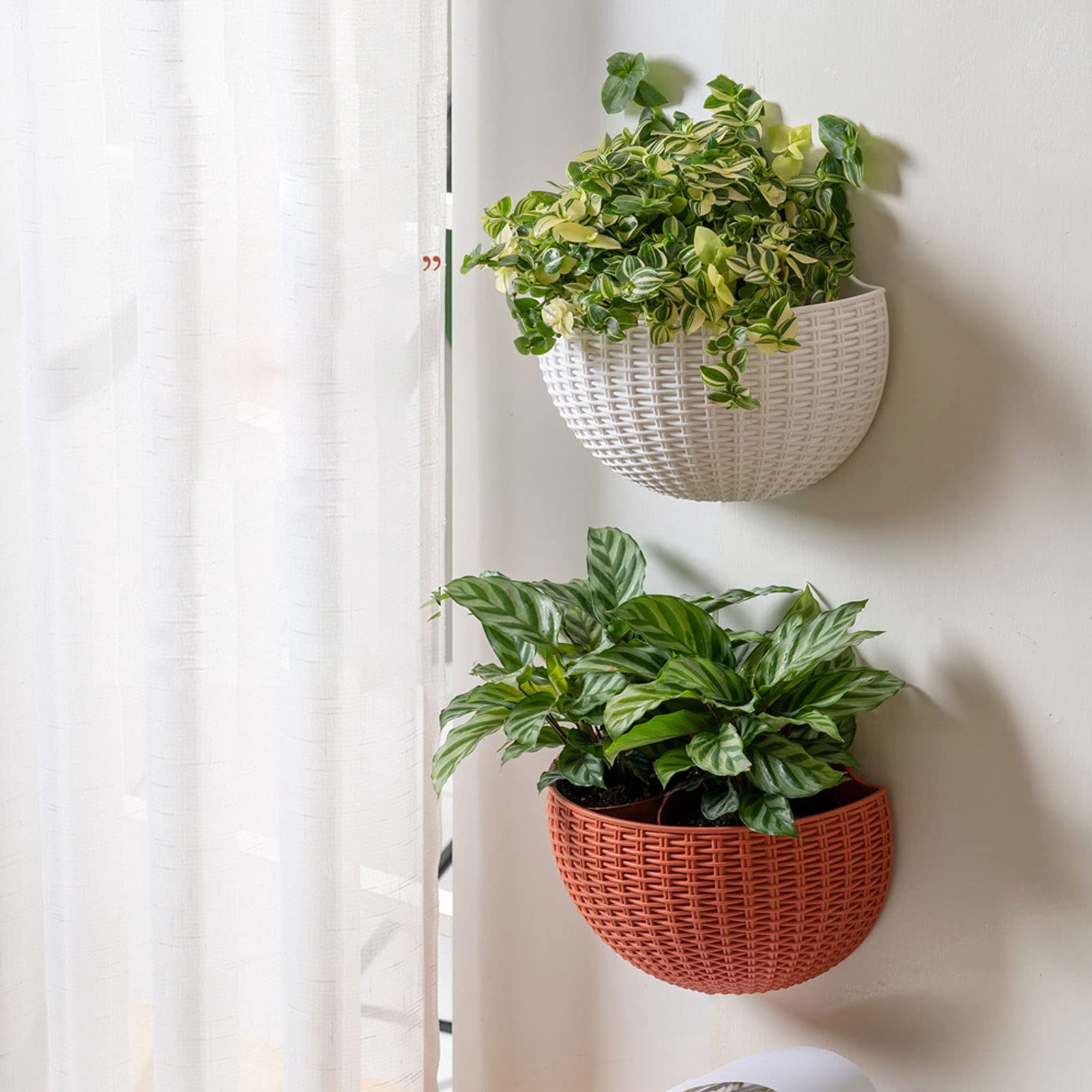 2 Pcs Imitation Rattan Wall Hanging Flower Pot, Semicircle Hanging Planters Outdoor with Drainage Hole and Hooks