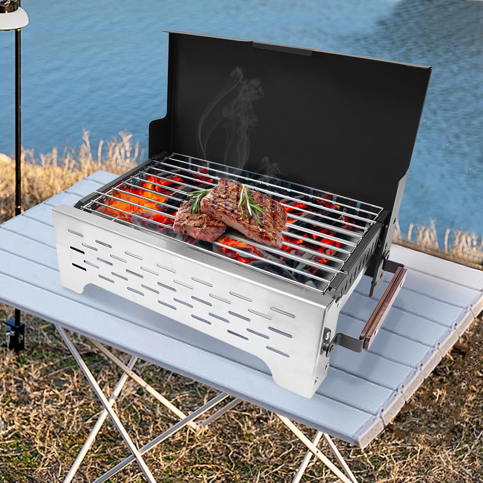 20.79*10.31*2.44 in Modern Plastic Spraying Black Silver Rectangular Portable Charcoal Grill for Gatherings