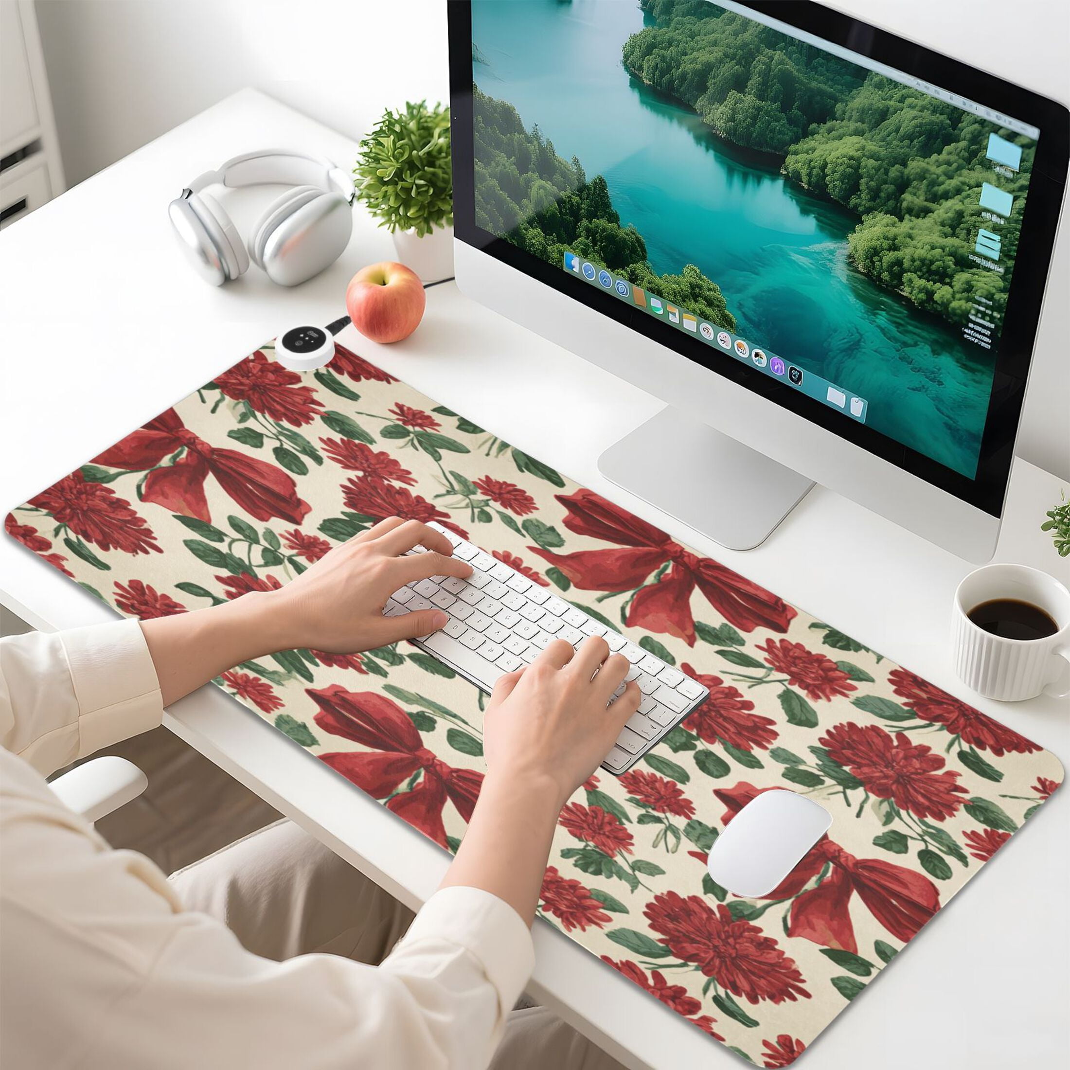 Large Heated Desk Mat Mouse Pad 31.5"x13"PU Leather Graphene Heating Desk Warmer with 3 Temperature Settings 110V US Plug Non-Slip Warm Pad for Home, Office, and Gaming Red Christmas Bows and Floral