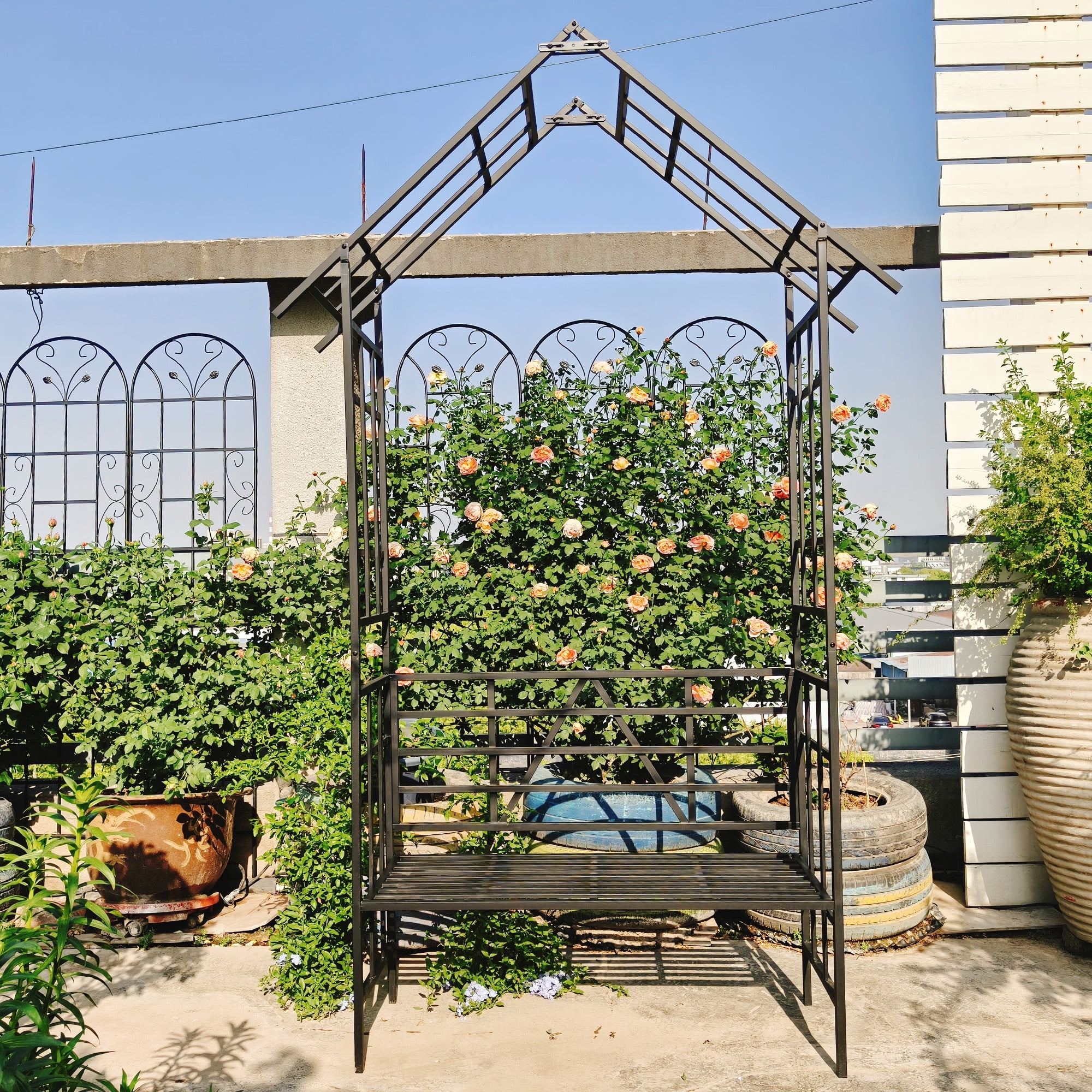 Black Metal Garden Arch with Bench Convertible Flower Stand 5807x9724x1693 Inch Climbing Plants Support Rose Arch Outdoor Garden Decor