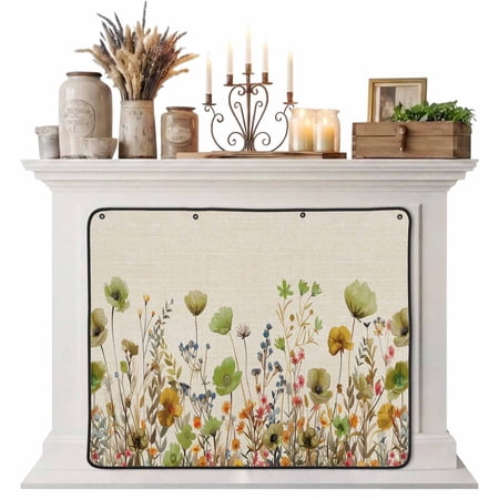 Sage Green Yellow Spring Floral Magnetic Fireplace Cover Fireplace Draft Blocker Watercolor Botanical Summer Flowers Fireplaces Blanket for Heat Loss/Cold Air Fireplaces Draft Stopper Cover 51 x39