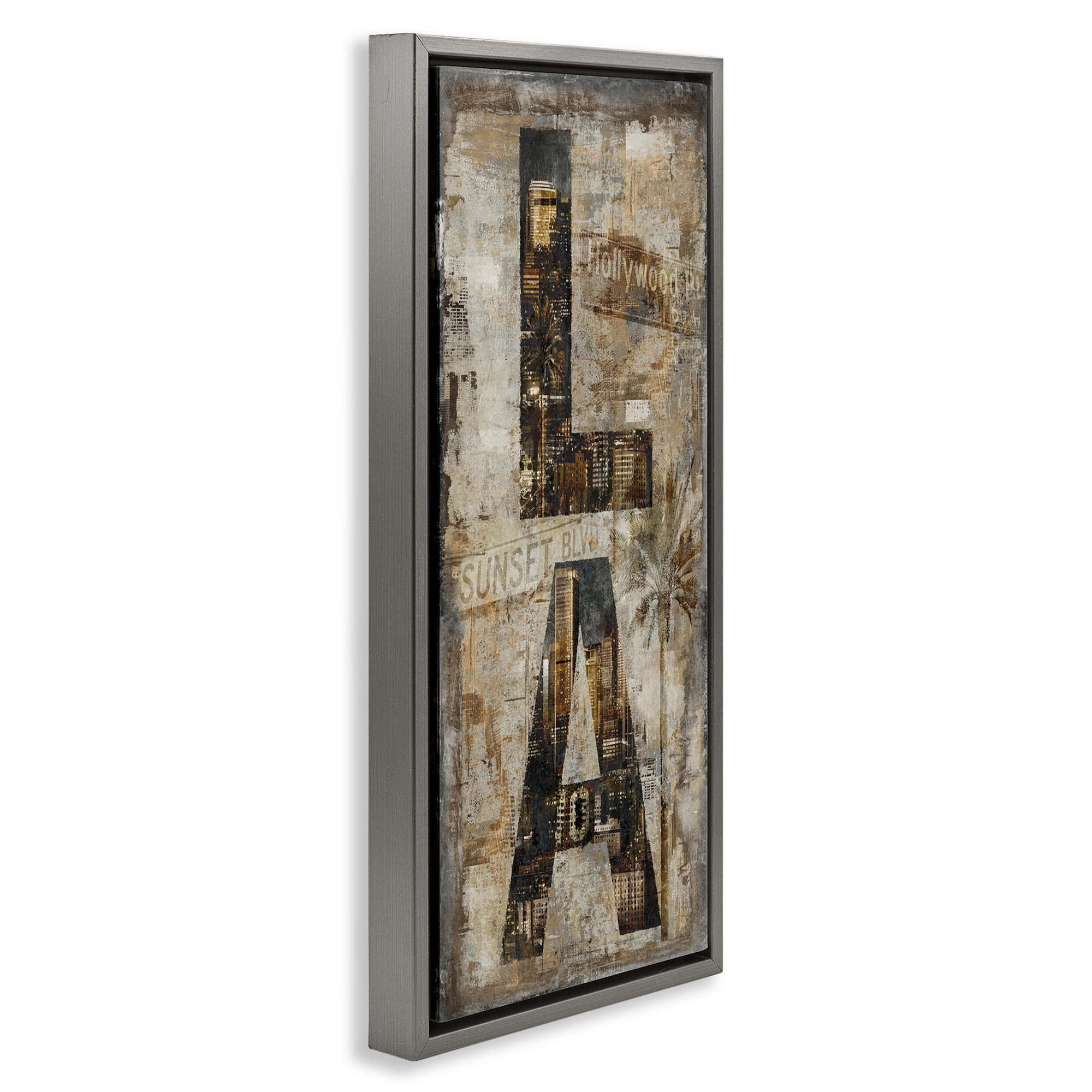 Stupell Industries Los Angeles Montage Collage Town & City Painting Gray Floater Framed Canvas Art Print Wall Art, 11 x 25
