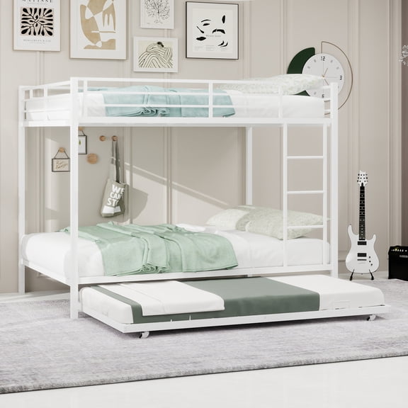 Miniyam Metal Full over Full Bunk Bed with Trundle, Space Saving Bunk Bed Frame with Ladder and Guardrails for Dorm, Apartment, White