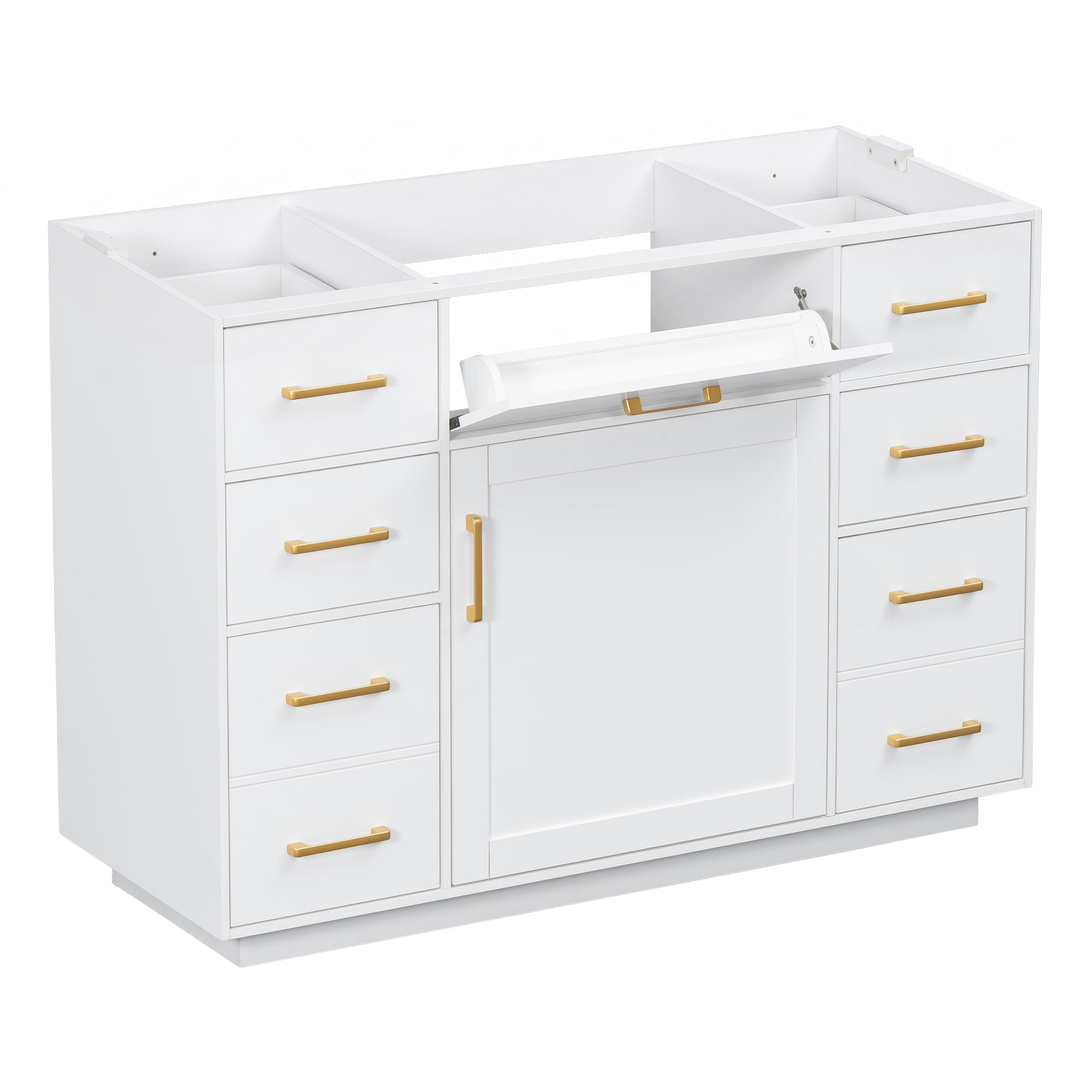 48" Bathroom Vanity without Sink, Cabinet Base Only, Bathroom Cabinet with 6 Pull-Out Drawers, 1 Tip-Out Drawer and 1 Door, Soft-close Hinges, Smooth Painted Finish, Sturdy Construction, White