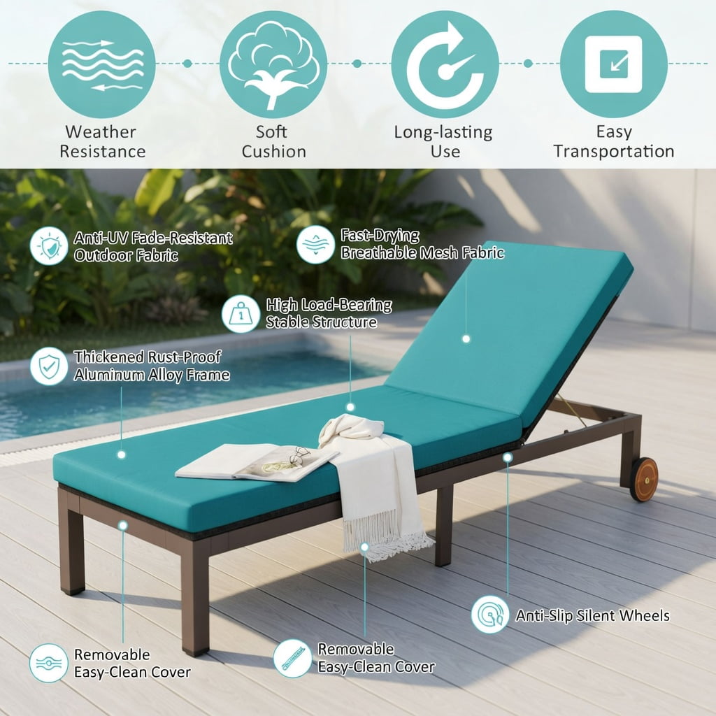 Hommoo Outdoor Chaise Lounge Chair, PE Rattan & Acacia Wood Recliner with Adjustable Backrest, Wheels & Removable Cushion for Patio, Deck, or Poolside, Turquoise