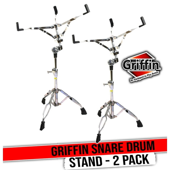 Snare Drum Stand (2-Pack) by GRIFFIN | Chrome Double-Braced Lightweight Mount for Snares, Tom Drums & Practice Pads | Slip-Proof Gear Tilter & Clamp-Style Basket Holder