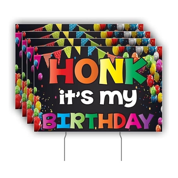 Birthday Yard Signs - Honk It's My Birthday Outdoor Decorations - Set of 4 Double Sided 12x18 - Includes Stakes - Lawn Decor for Birthday Party