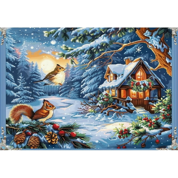 Forest House Animal Snow Christmas Scene DIY 11CT Stamped Cross Stitch Kits for Beginners Easy Needlepoint Embroidery Counted Cross Stitch Art Craft for Wall Decoration 12x16inch(3)