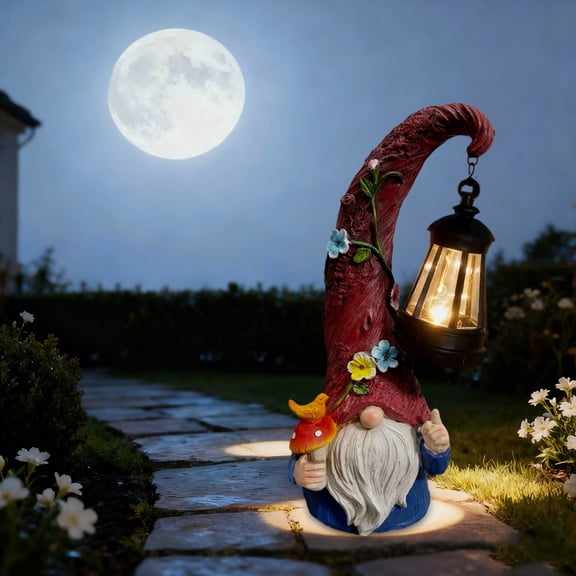 Solar Christmas Decorations, Resin Garden Gnome Light with Lantern Outdoor Patio Pathway Ground Lamp Holiday Ambiance Statue for Lawn Yard Grass Decor