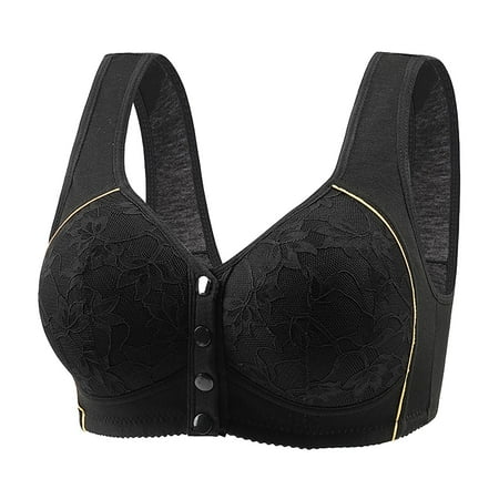 Fadeal T Shirt Bra New Front Buckle Large Size Middle and Elderly Printing Vest Type Wide Straps Underwear Ladies without Ring Big Size Bra Front Closure Sports Bra Black 44
