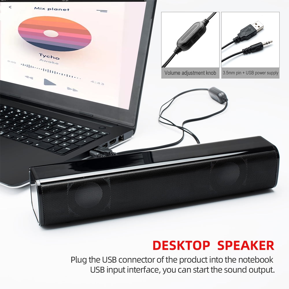 2*3W USB Powered Soundbar Audio Player 3.5mm Wired PC Speakers