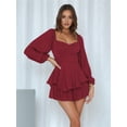 thumbnail image 4 of Women'S Jumpsuit Lantern Long Sleeve Ruffle Layer Tie Mini Short Romper Wine Red M, 4 of 9