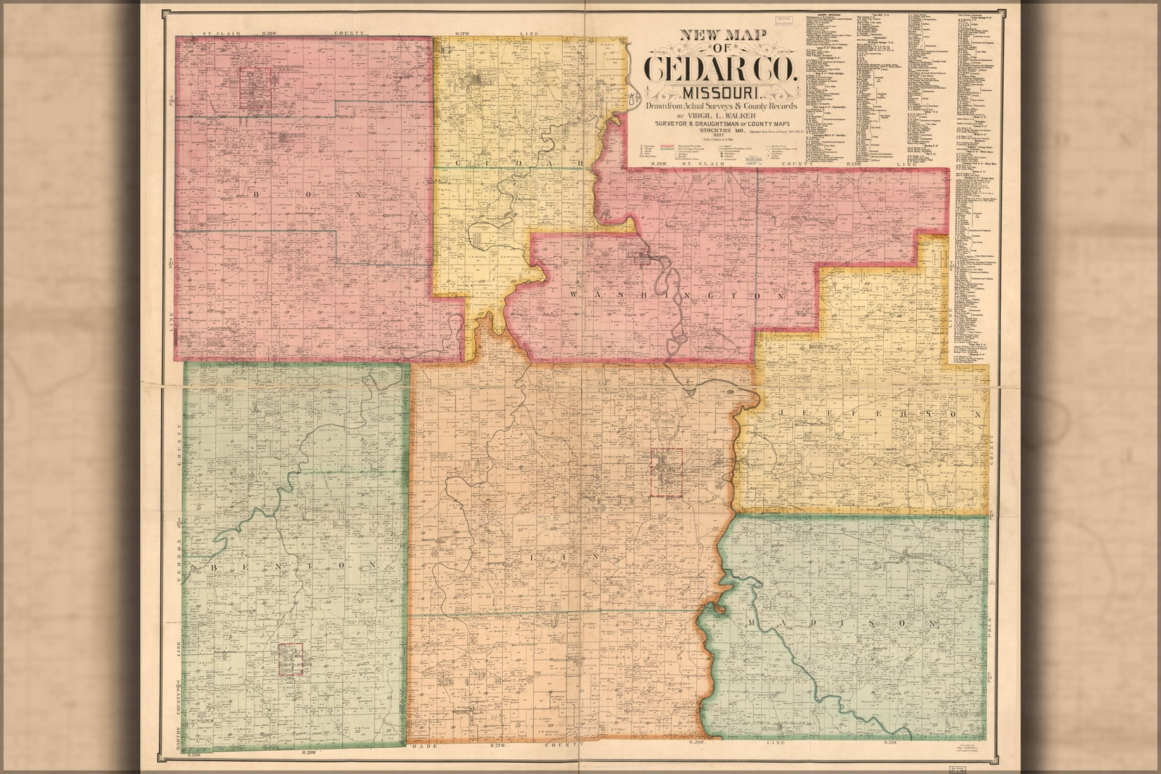 24"x36" Gallery Poster, map of Cedar County Missouri 1897
