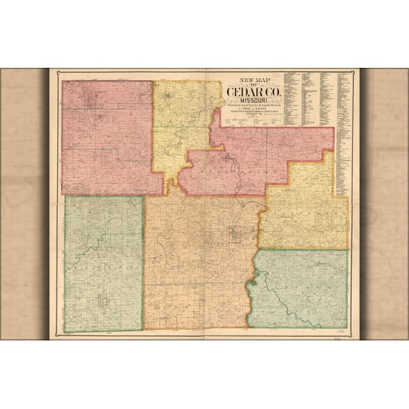 24"x36" Gallery Poster, map of Cedar County Missouri 1897