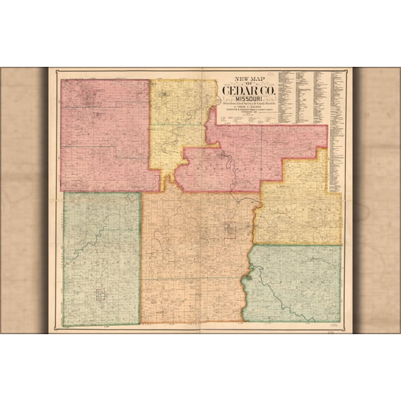 24"x36" Gallery Poster, map of Cedar County Missouri 1897