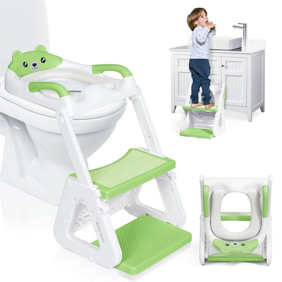 Orzbow 2-IN-1 Potty Seat with Stability Training, Splash Guard, Anti-Slip Pad and Adjustable Ladder for Toddler, Green
