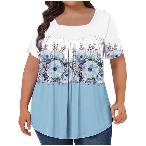Tops Cortos para las Mujeres Impreso Cuello de Gran Tamaño Plisado Manga Corta Suelta Superior en Tamaños Más L-5xl