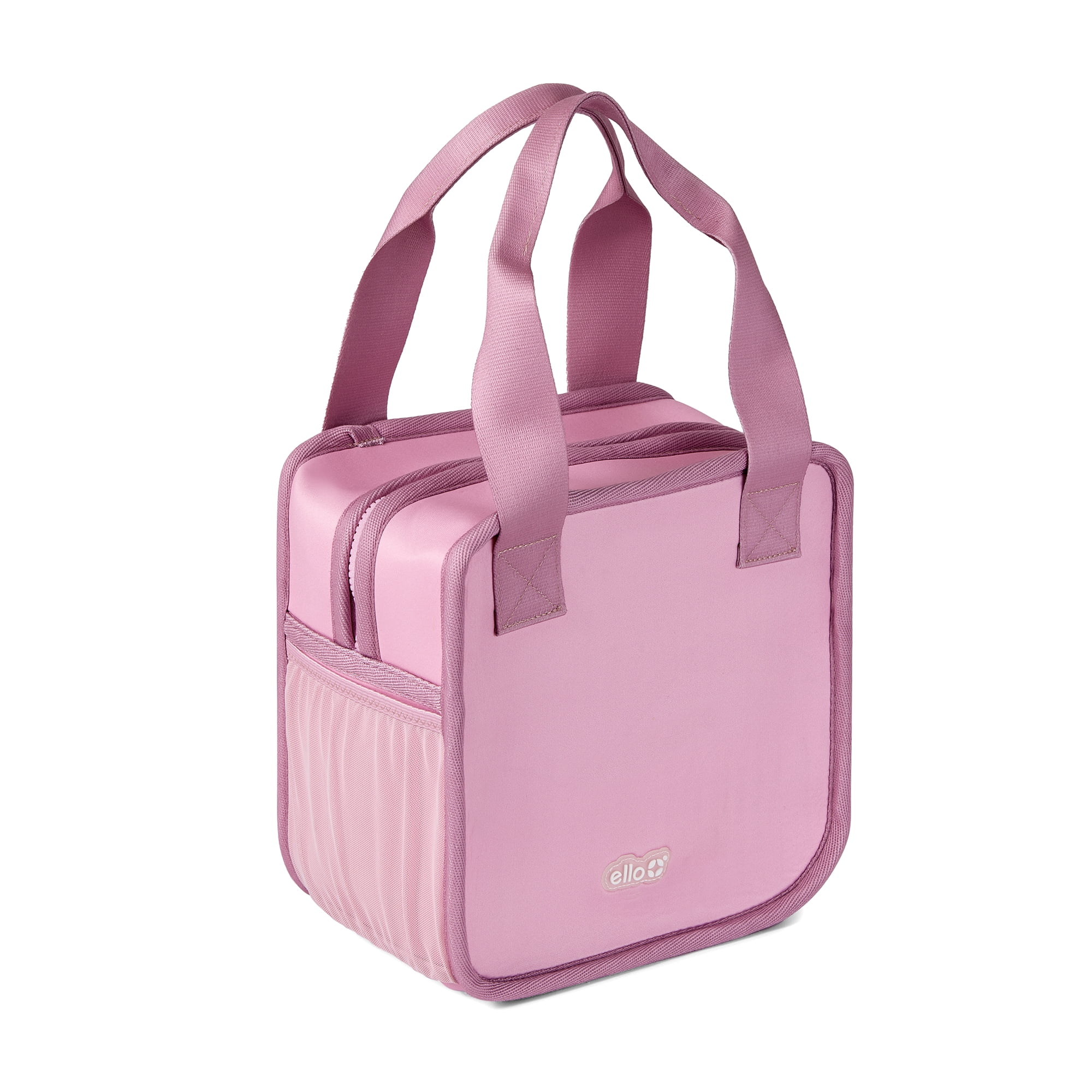 Ello Lunch Tote | Reusable Zippered Lunch Bag | Neoprene, Machine Washable with Pockets | Fits Most Meal Prep Containers | for Work, School & Travel | Pink Solid
