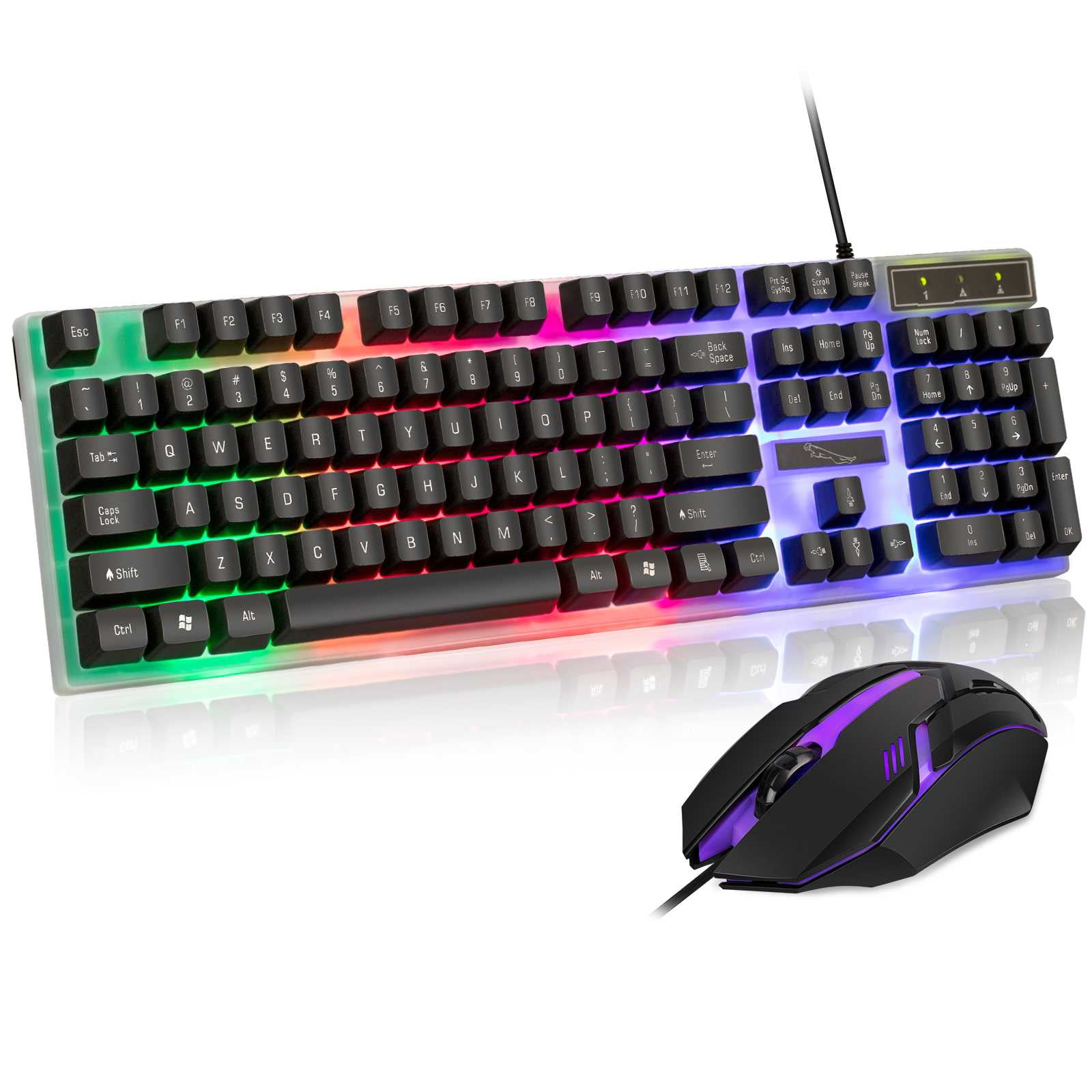 White Games Keyboard & Mouse Combos T6 Rainbow LED Backlight USB Ergonomic Gaming Keyboard and Mouse Set with Mice Pad for PC Laptop 