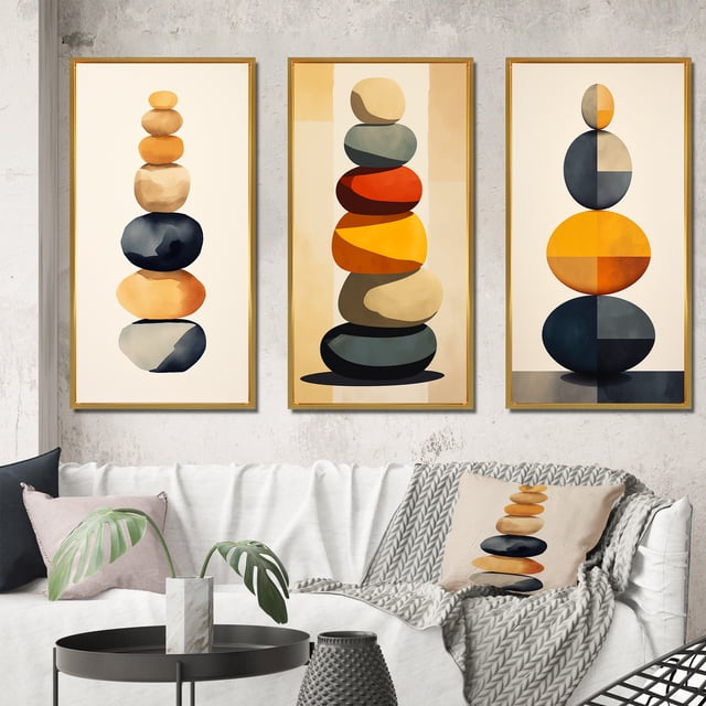 Designart "Visual Tranquility Harmony in Rock Balancing III" Spiritual Stone Framed Wall Art Set Of 3 - Yellow Traditional Frame Gallery Set For Office Decor