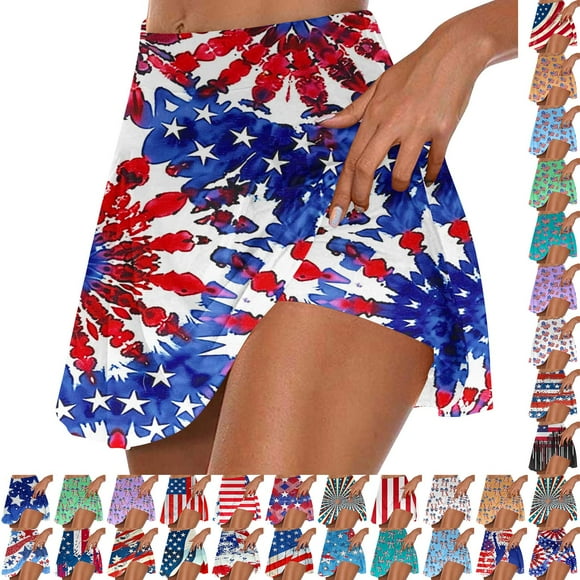 QATAINLAV 4th of July Skort Dress, Women's Fashion Usa Flag Print Athleti Skirt Summer Stretchy High Waisted Running Skort Deals of the Day Yellow S