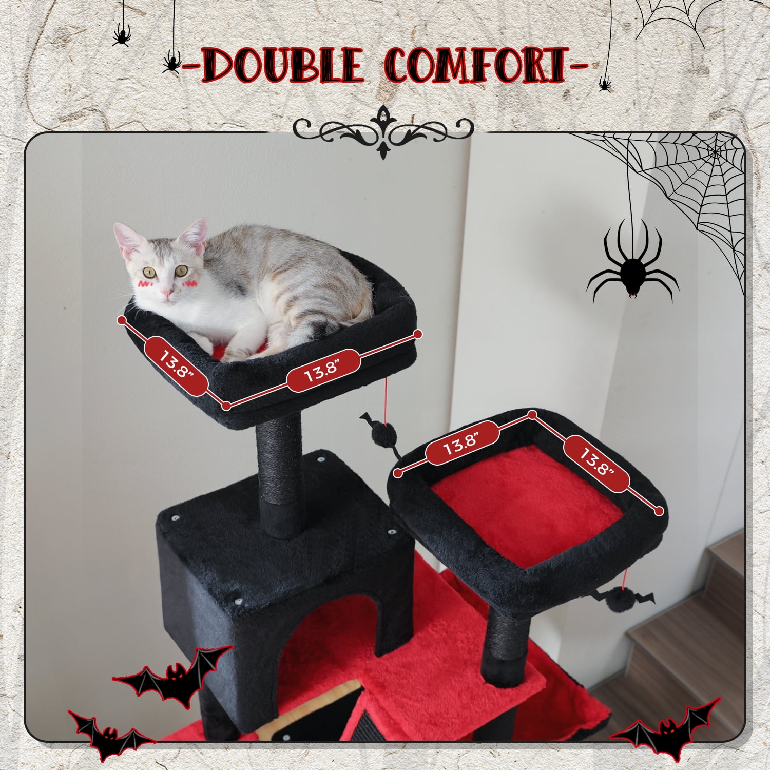 Pefilos 70" Cat Tree Tower for Indoor Cats, Multi-Level Cat Tree House Cat Scratching Post with 2 Perches, 2 Cat Condos, Hammock and 2 Pompoms, Black