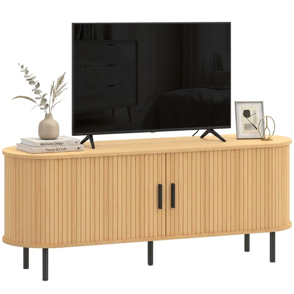 HOMCOM TV Stand for TVs up to 60" with Curved Sliding Doors, Natural Wood