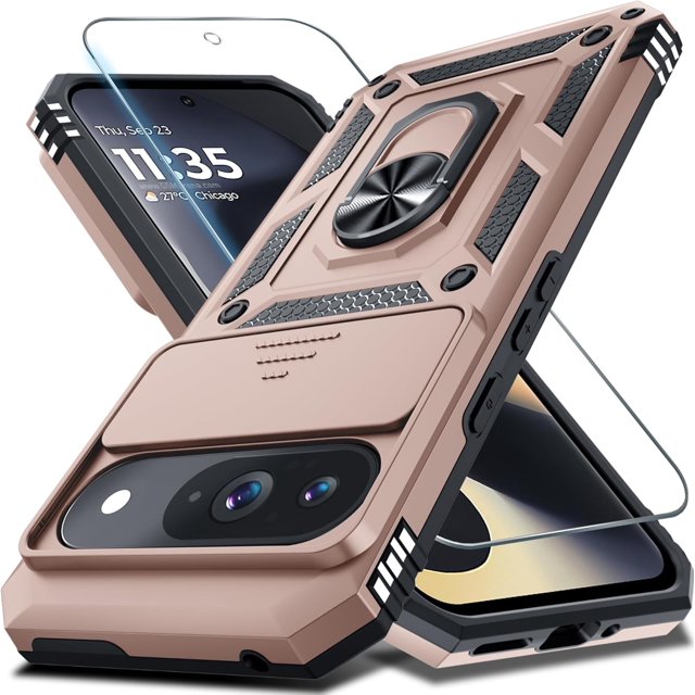 KOMI Case Compatible with Google Pixel 9/9 Pro Built in Slide Camera Lens Cover+Screen Protector+Finger Ring Holder Kickstand,Heavy Duty Shockproof Full Body Protective Phone Cover, Rose Gold