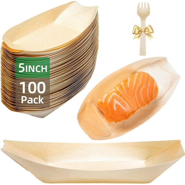 Platos desechables de madera Suwodpak, paquete de 100 unidades, 13,5 cm, forma de barco