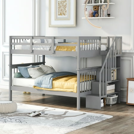 Nestfair Gray Stairway Full Over Full Bunk Bed with Storage