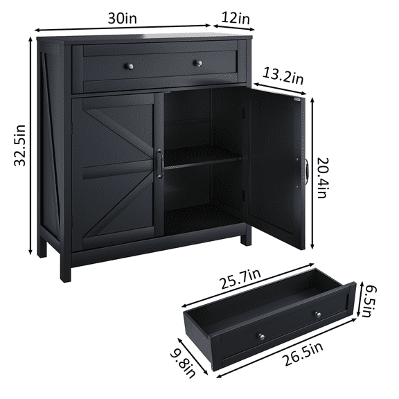 Gearwell Farmhouse Buffet Cabinet, Black Kitchen Sideboard with Drawer, Adjustable Shelf and Barn Door Storage for Dining Room, Entryway and Living Room