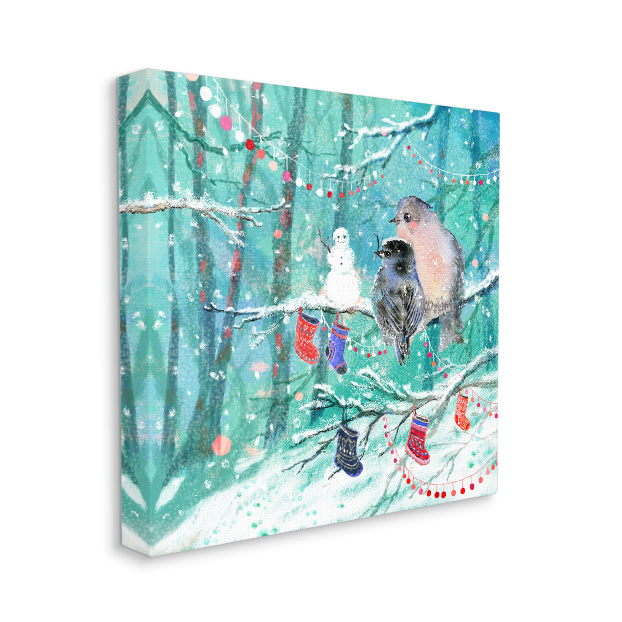 Stupell Industries Birds with Winter Stockings Holiday Painting Gallery Wrapped Art Print Wall Art, 24 x 24