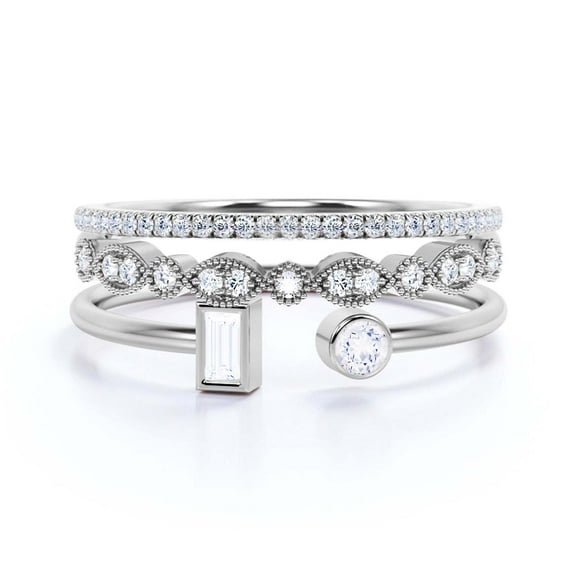 Minimalist Open Band Ring 1.80 Carat Round Cut Diamond Moissanite Engagement Ring, Unique Style Ring in 925 Sterling Silver With 18k White Gold Plating, Gift For Her, Trio Set, Matching Band