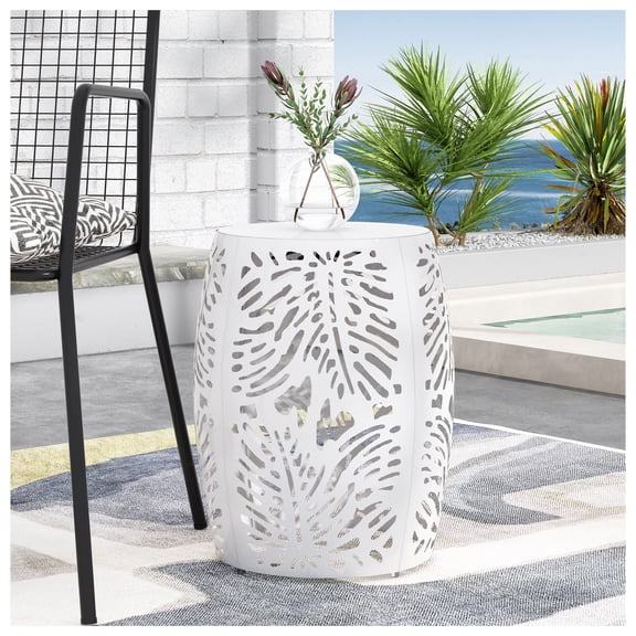 Metal End Table Large - Modern Palm Leaf Design Living Room Side Table, Indoor Outdoor Durable Iron Accent Table, No Assembly Required
