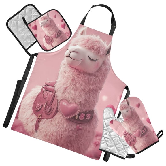 Valentine's Day Alpaca 5 Pcs Kitchen Set Heat Resistant Oven Mitts and Non-Slip Pot Holders with Adjustable Cooking Apron