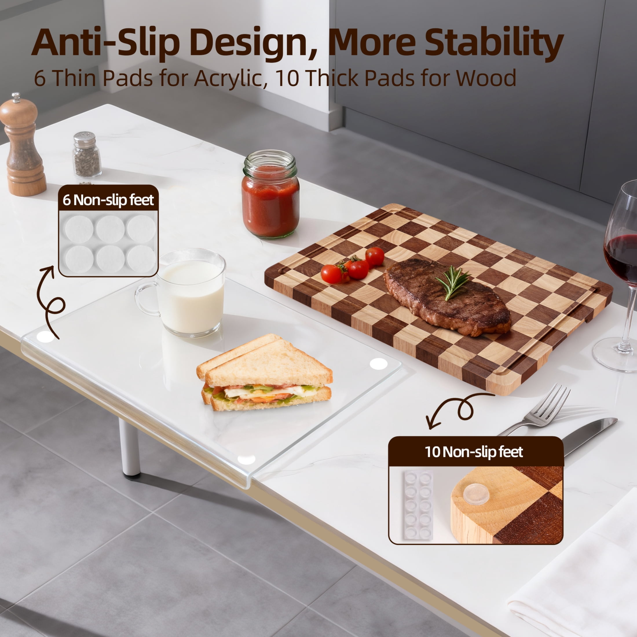 TJ POP Cutting Board Set of 2 – Checkered Wood & Acrylic Cutting Board with Counter Lip for Kitchen Counter, Wood Checkerboard Chopping Board with Juice Grooves for Vegetables, Fruits, Meat
