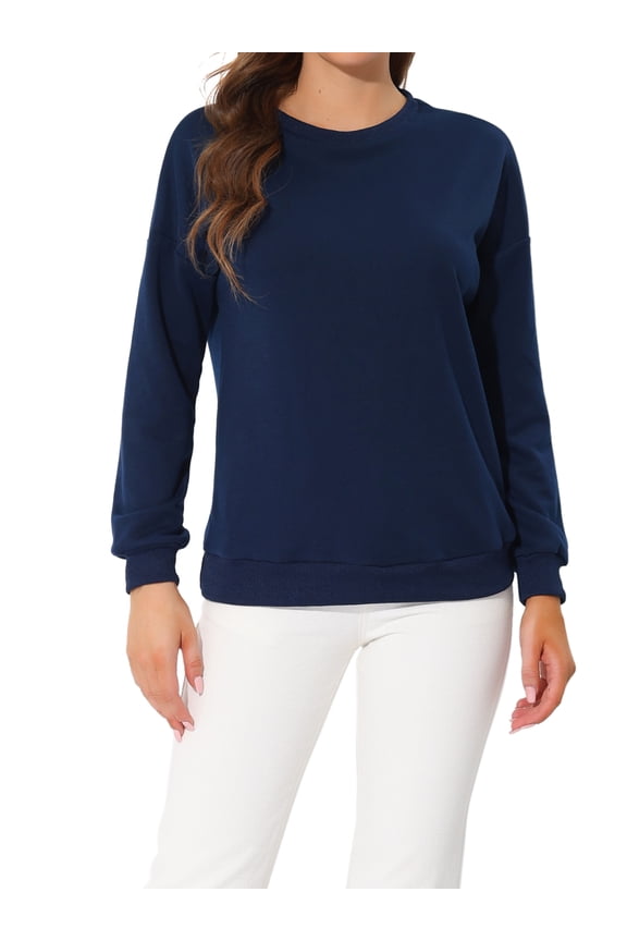 Women's Polka Dots Crew Neck Drop Shoulder Long Sleeves Knit Sweatshirt XS Navy Blue