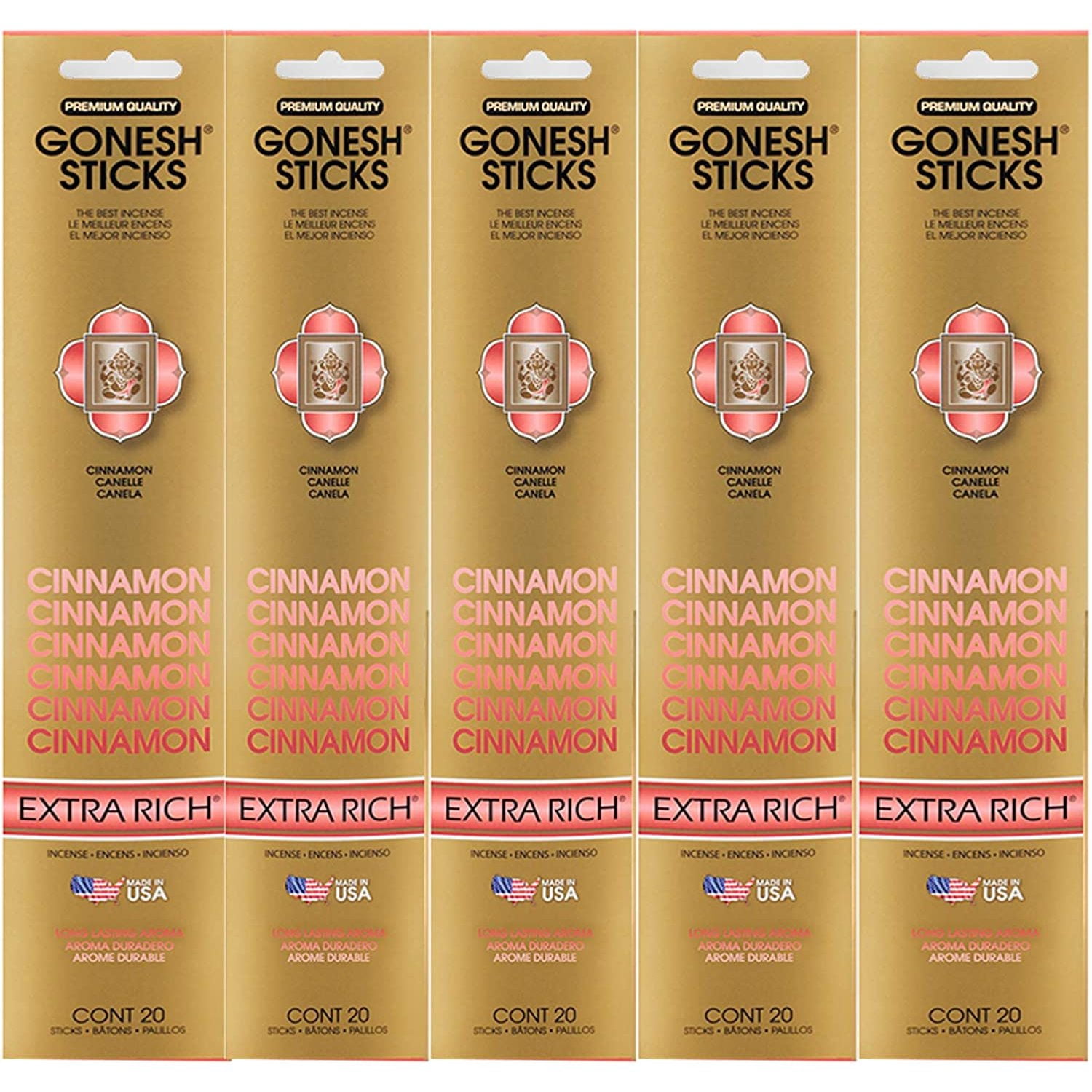 Gonesh Incense Sticks Extra Rich Collection - Cinnamon 5 Packs (100 Total)
